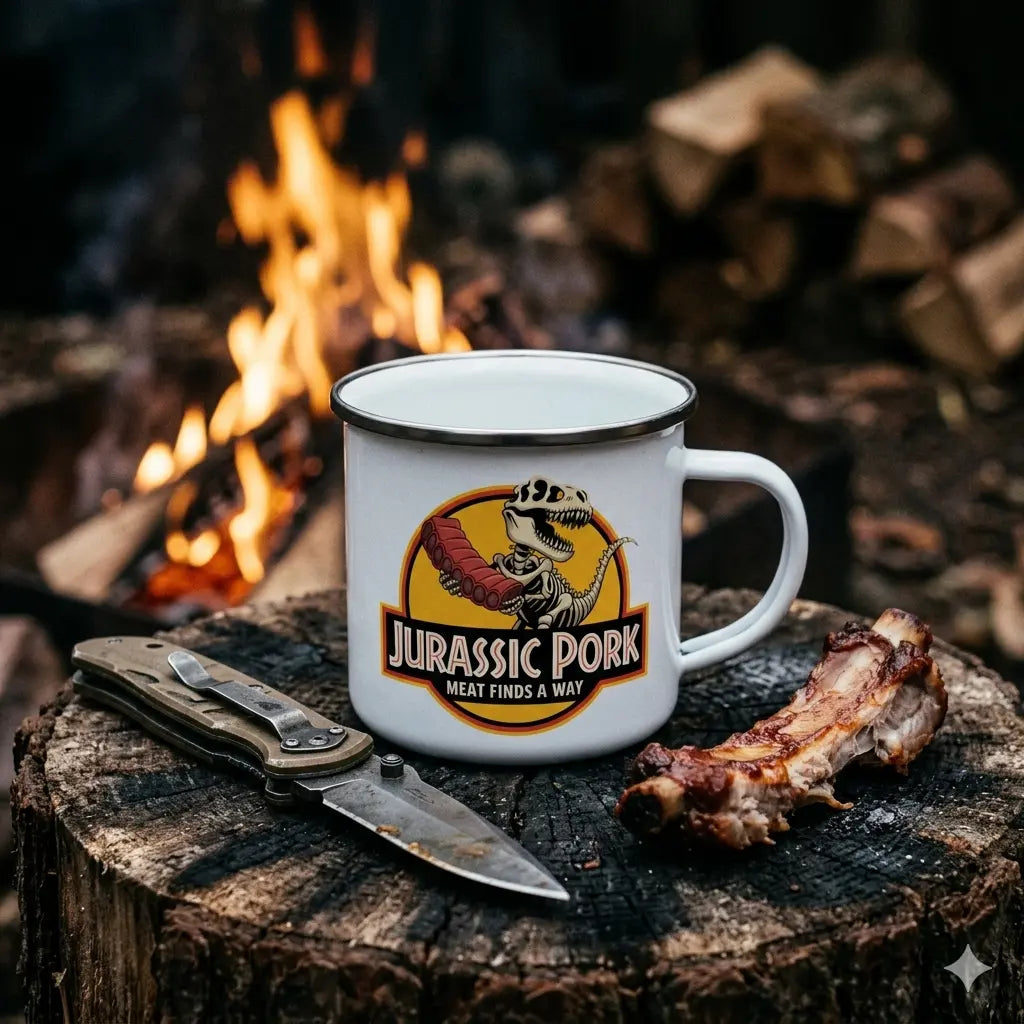 Nahaufnahme einer Jurassic Pork Dino-Tasse auf einem Baumstumpf neben einem Lagerfeuer.