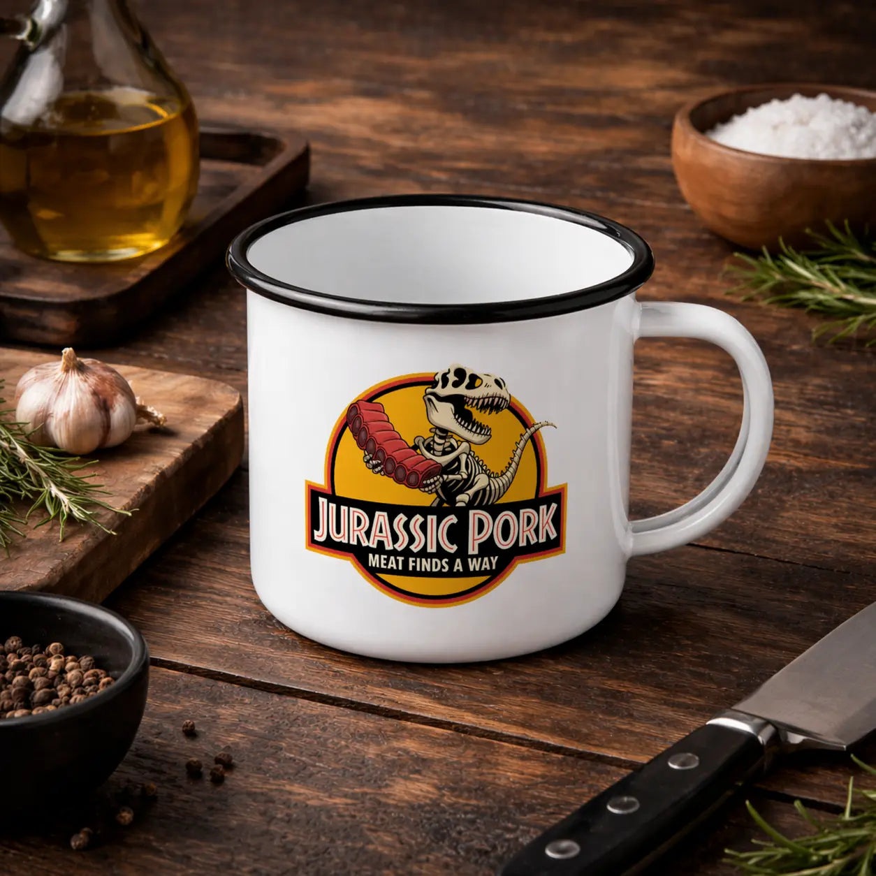 White enamel camping mug with Jurassic Pork BBQ dinosaur design, placed on rustic wooden table with garlic, herbs, oil and kitchen tools – Meatware Shirts & more mit Geschmack