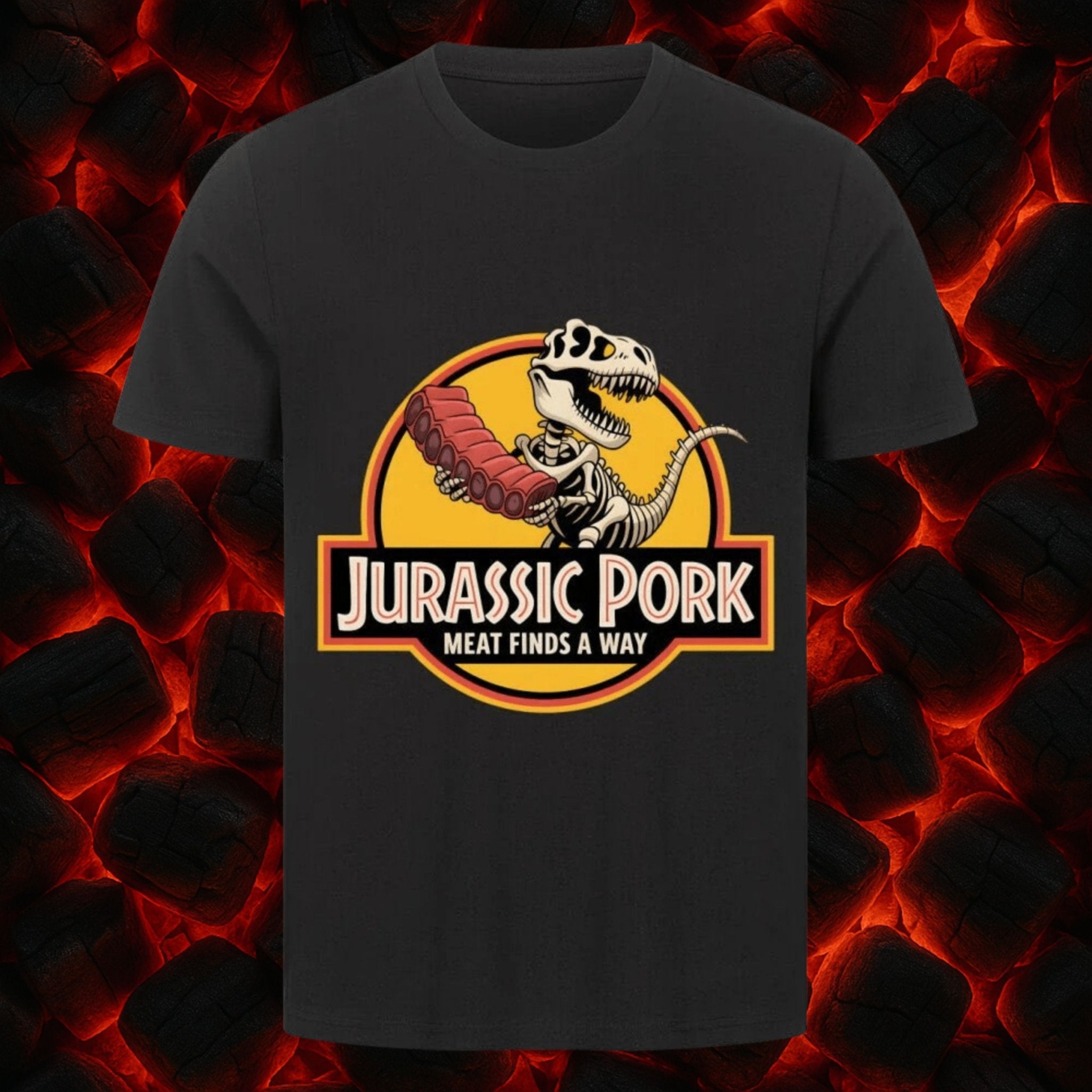 Jurassic Pork – Meat Finds a Way - HigherBlanks Premium T-Shirt | T-Shirt | Meatware