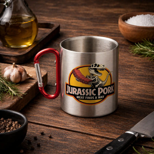 Stainless steel mug with carabiner handle featuring Jurassic Pork BBQ dinosaur design, styled on rustic wooden table with garlic, herbs and cooking tools – Meatware Shirts & more mit Geschmack