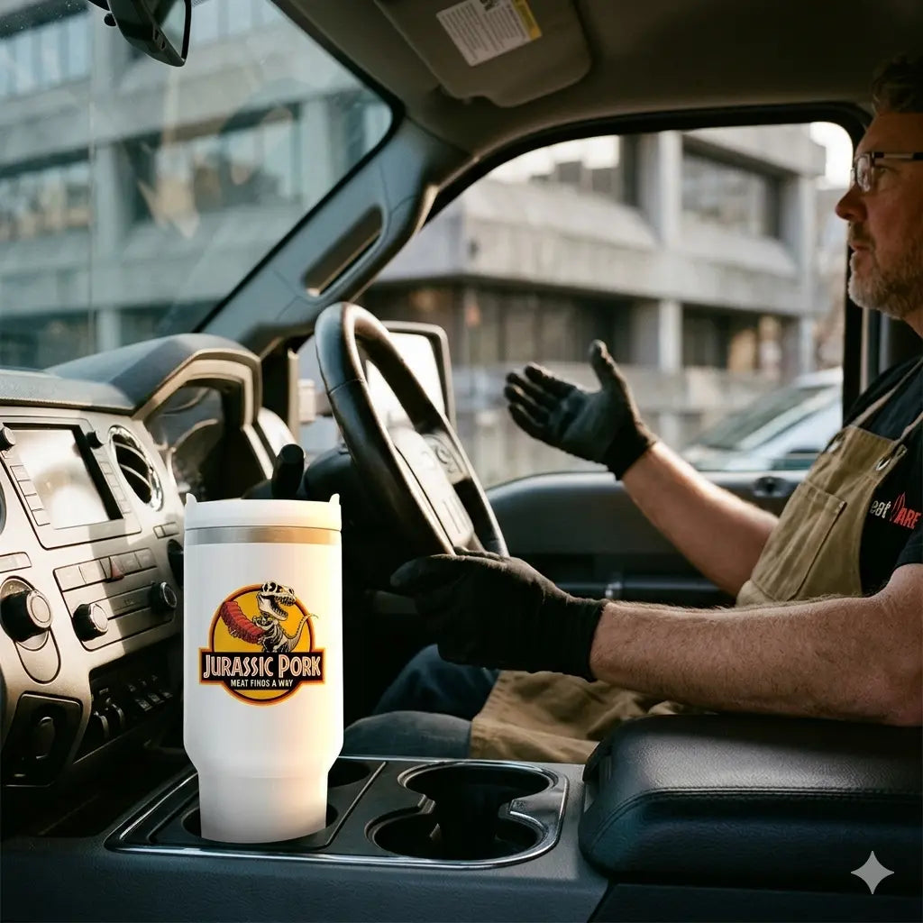 Nahaufnahme eines "Jurassic Pork" Thermobechers im Auto-Cup-Holder, durch die Scheibe ist Stau vor einem grauen Büro-Komplex zu sehen.
Bild-Caption: "Wenn du im Freitagsstau stehst, aber dein 'Jurassic Pork' Becher weiß, dass das Ribs-Abenteuer auf dich wartet...
