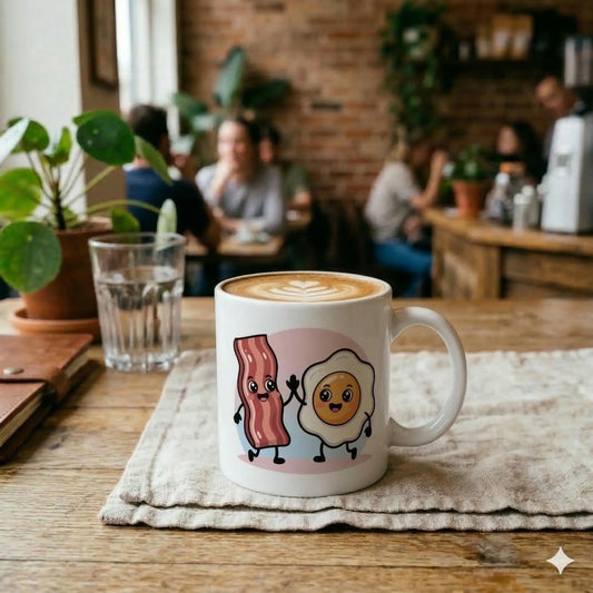 Weißer Kaffeebecher auf einem Holztisch in einem Café, bedruckt mit einem niedlichen Kawaii-Design von einem Speckstreifen und einem Spiegelei, die sich abklatschen (High Five).