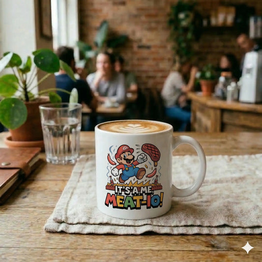 Ein Foto aus der Augenhöhe, das eine weiße Keramiktasse zeigt, die flach auf einer leinenen Serviette auf einem Holztisch in einem belebten Café steht. Die Tasse ist mit einem farbenfrohen Aufdruck versehen, der eine Karikatur von Super Mario zeigt, der ein großes Stück Fleisch über einem brennenden Grill hält, umgeben von Würstchen. Darunter steht der bunte Text: "IT'S'A ME, MEAT-IO!". Die Tasse ist gefüllt mit Kaffee und einem Herz-Latte-Art-Muster. Sie ist umgeben von verschiedenen Gegenständen: links st