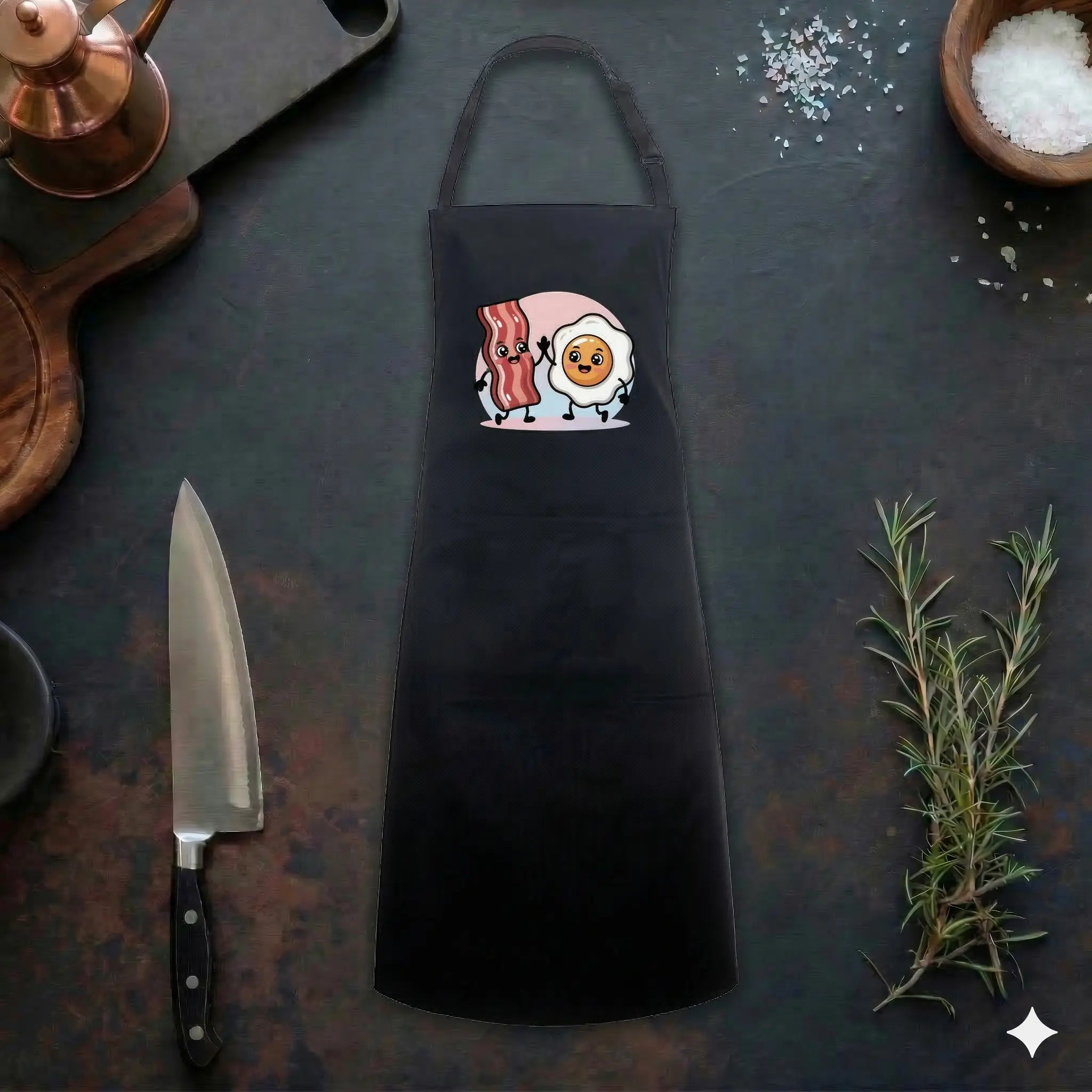 Eine schwarze Grillschürze liegt flach auf einer rustikalen, dunklen Arbeitsplatte in einer Küche. Die Schürze ist bedruckt mit einem niedlichen Kawaii-Design von einem Speckstreifen und einem Spiegelei, die sich abklatschen. Um die Schürze herum liegen ein Kochmesser, frischer Rosmarin und eine Schale mit grobem Salz.