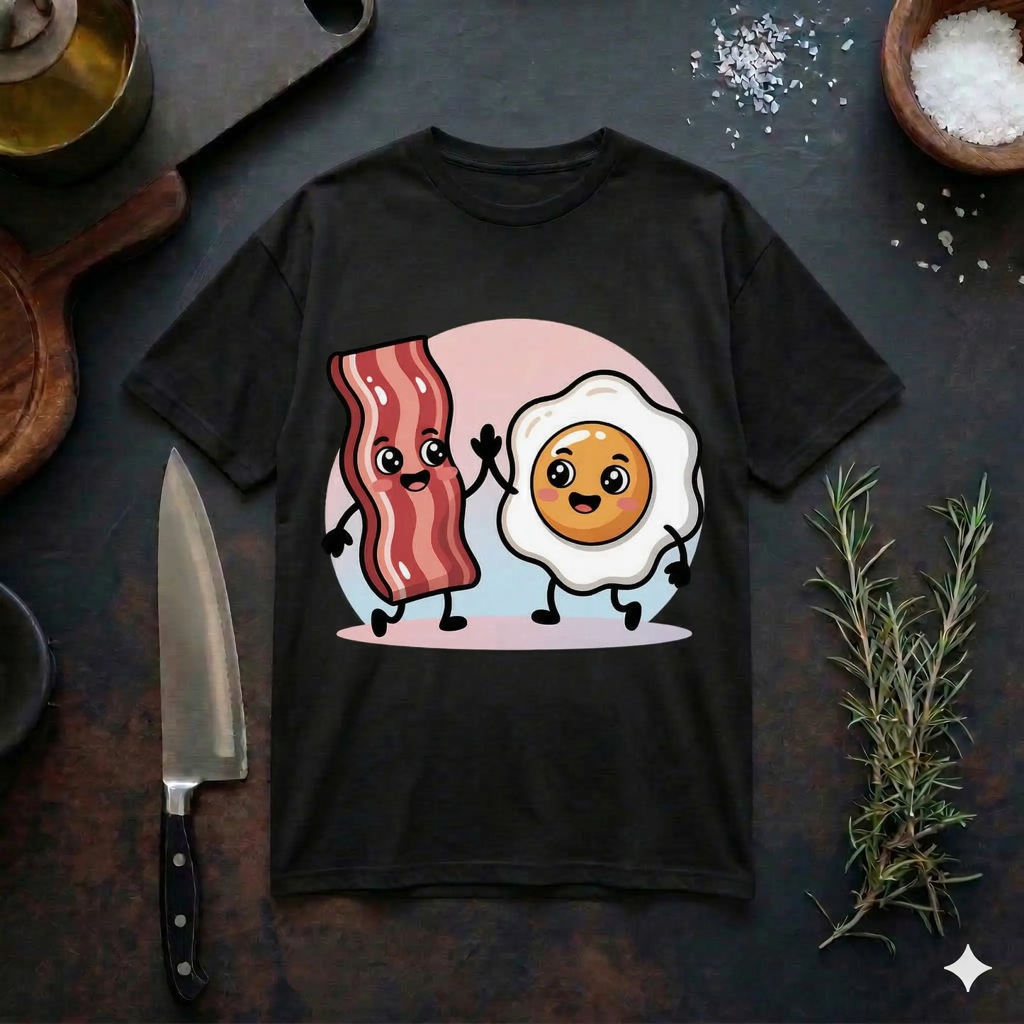 Ein schwarzes T-Shirt liegt flach auf einer dunklen, rustikalen Arbeitsplatte, umgeben von einem Küchenmesser, Rosmarinzweigen und Salz. Auf dem Shirt befindet sich eine niedliche Kawaii-Illustration von einem Speckstreifen und einem Spiegelei, die sich gegenseitig ein High-Five geben.