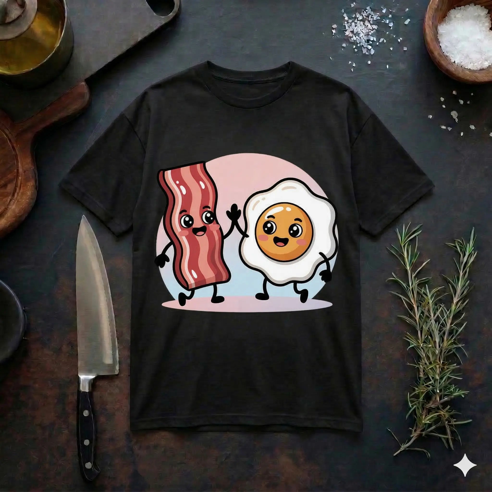 Ein schwarzes T-Shirt liegt flach auf einer dunklen, rustikalen Arbeitsplatte, umgeben von einem Küchenmesser, Rosmarinzweigen und Salz. Auf dem Shirt befindet sich eine niedliche Kawaii-Illustration von einem Speckstreifen und einem Spiegelei, die sich gegenseitig ein High-Five geben.