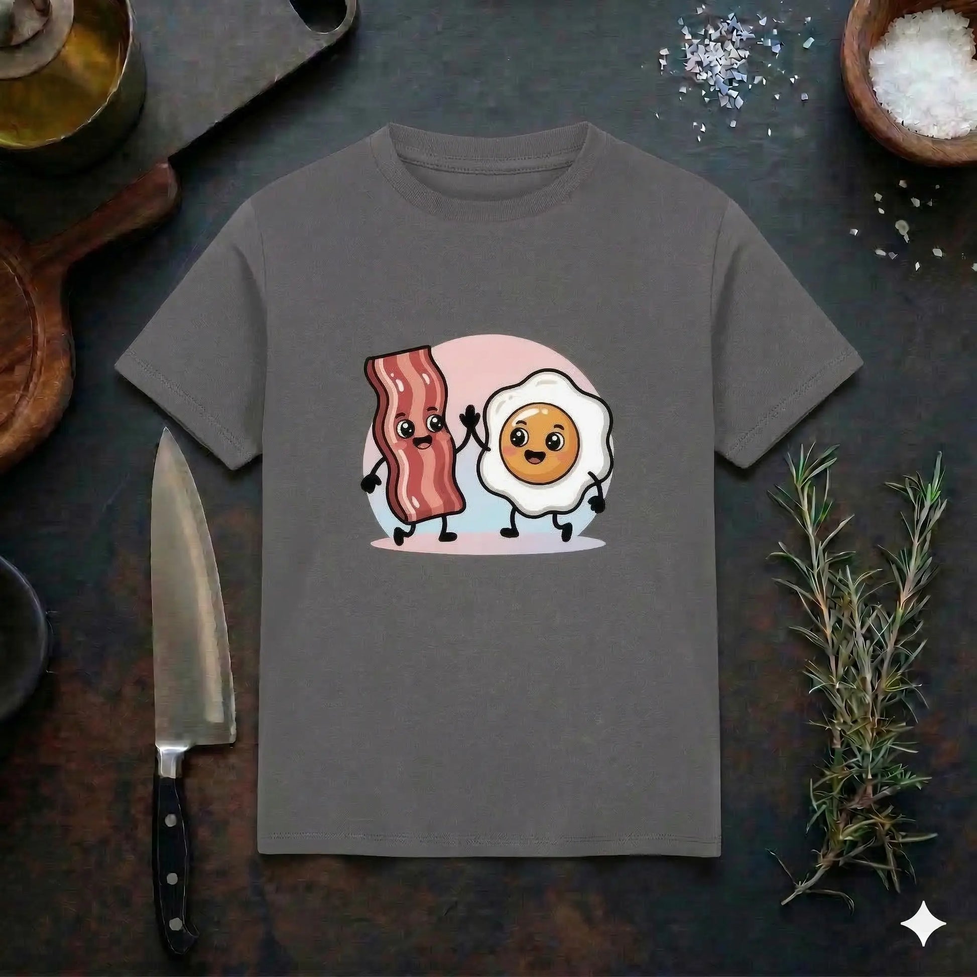 Ein graues Premium-Kinder-T-Shirt liegt flach auf einer dunklen, rustikalen Arbeitsplatte. Das Shirt zeigt ein süßes Kawaii-Design mit einem Speckstreifen und einem Spiegelei, die sich fröhlich abklatschen. Die Szene ist dekoriert mit einem Küchenmesser, Rosmarinzweigen und einer Schale Salz.