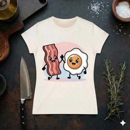 Ein hellbeiges Premium-Damen-T-Shirt mit tailliertem Schnitt liegt flach auf einer dunklen, rustikalen Arbeitsplatte. Das Shirt zeigt ein farbenfrohes Kawaii-Design mit einem tanzenden Speckstreifen und einem Spiegelei, die sich ein High-Five geben. Die Szene ist mit Küchenutensilien wie einem Messer, Rosmarin und Salz dekoriert.