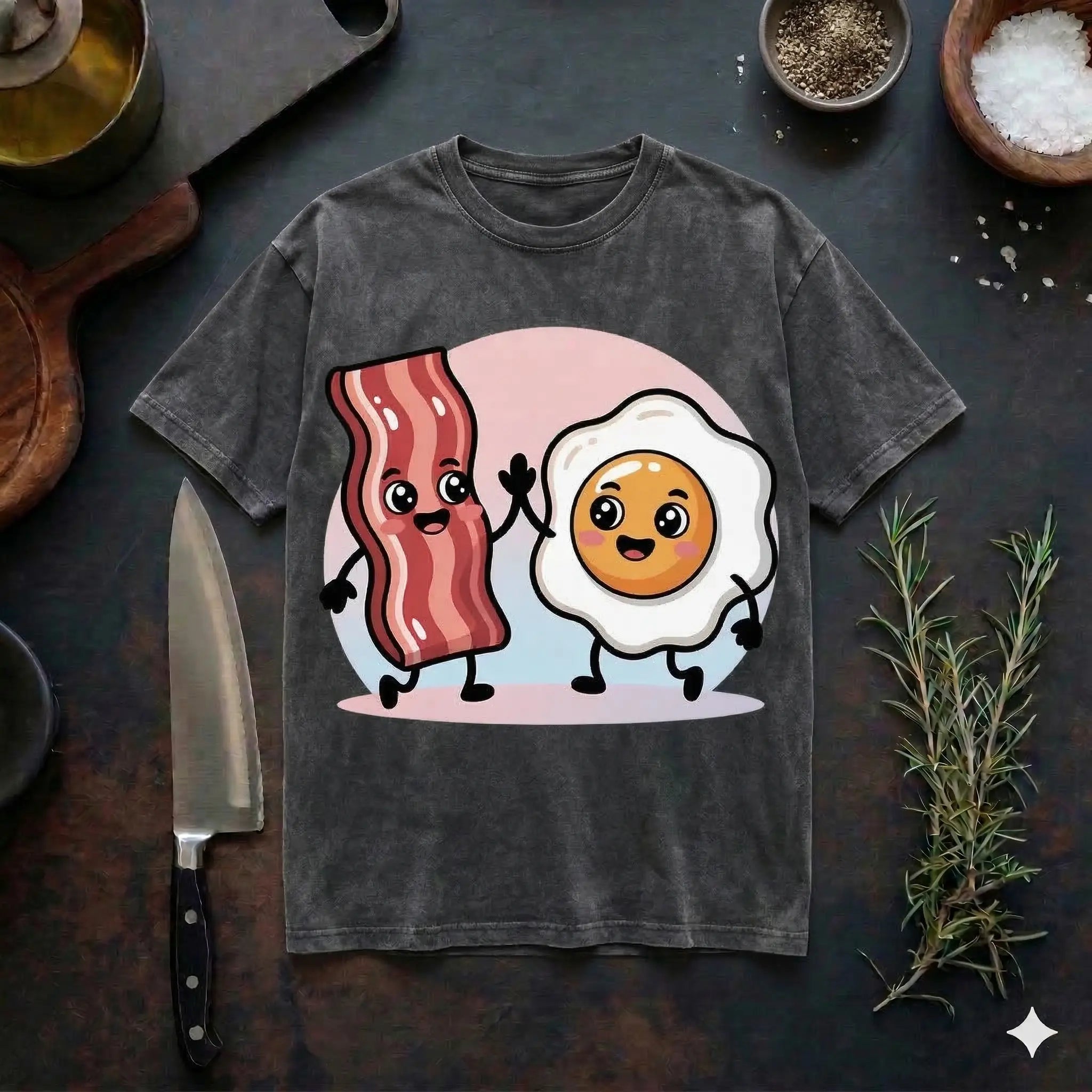 Ein verwaschenes, anthrazitfarbenes Vintage-T-Shirt liegt auf einer dunklen Küchenoberfläche neben einem Profi-Küchenmesser und frischem Rosmarin. Das Design zeigt einen fröhlichen Cartoon-Speckstreifen und ein Spiegelei im Kawaii-Stil, die sich vor einem pastellfarbenen Hintergrund abklatschen.