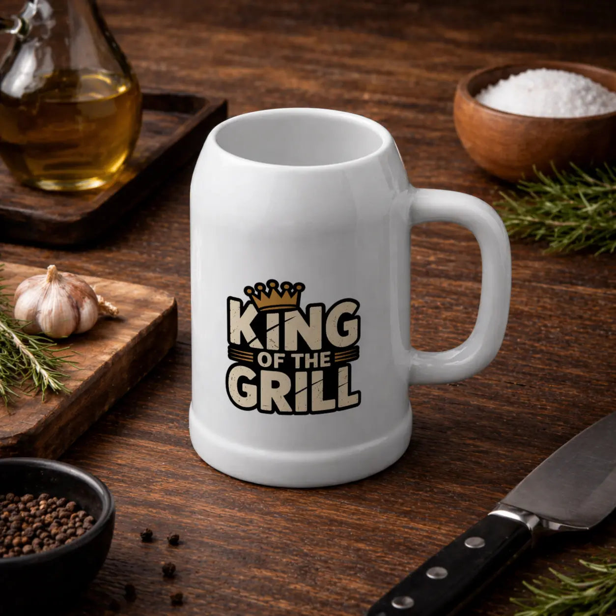 White ceramic beer mug with King of the Grill BBQ design, placed on rustic wooden table with garlic, herbs, oil and kitchen tools – Meatware Shirts & more mit Geschmack