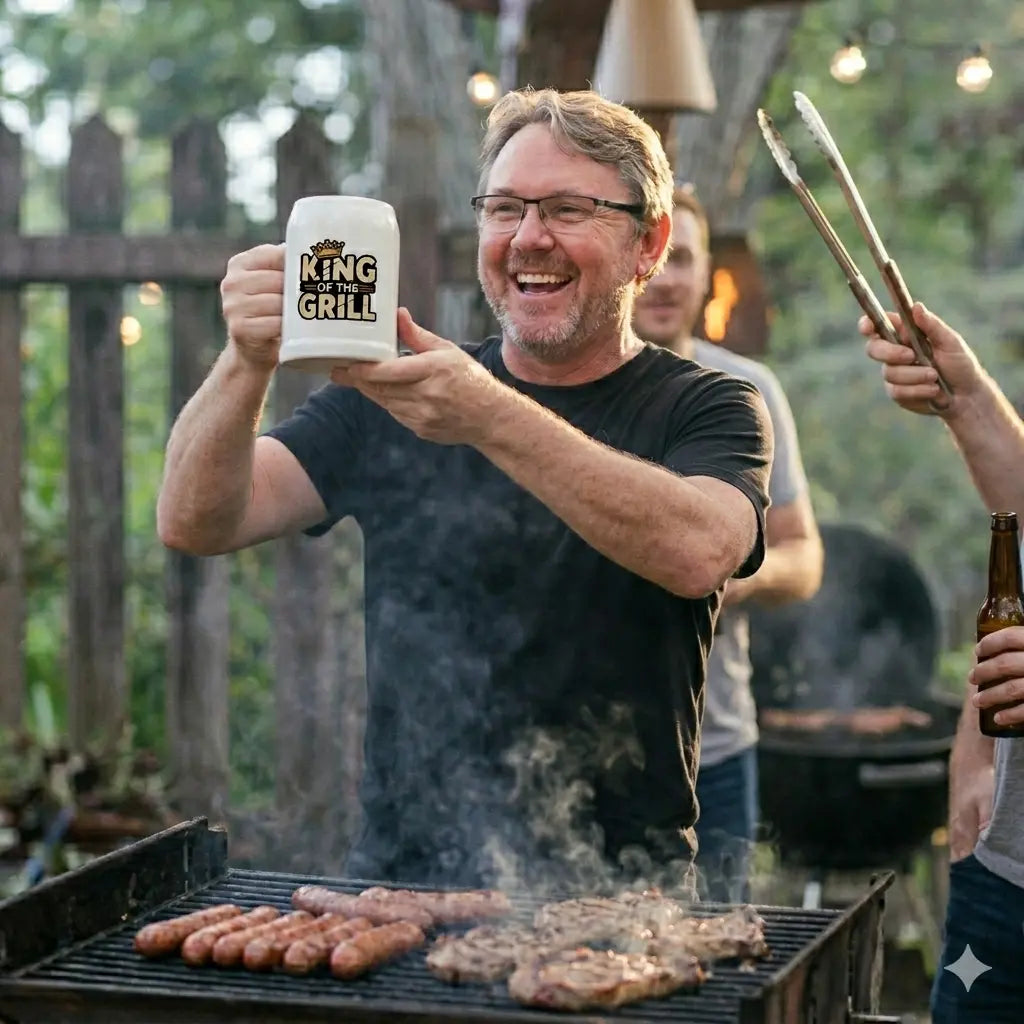 Nahaufnahme an einem Grill: Ben lacht stolz und hält einen King of the Grill Bierkrug hoch, ein salütierender Kumpel im Hintergrund.