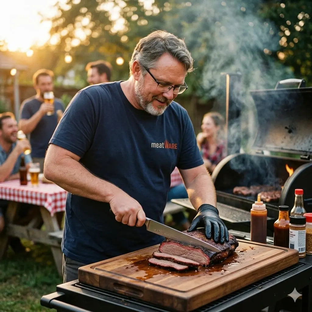 Klaus, mit Brille und Bart, schneidet saftiges Smoker-Brisket in seinem Garten beim Sonnenuntergang. Er trägt das navy-blaue "meatWARE" T-Shirt.
Bild-Caption: Wenn du weißt, dass dein Smoker-Skill auf dem Level deiner "meatWARE" ist. 🍖
