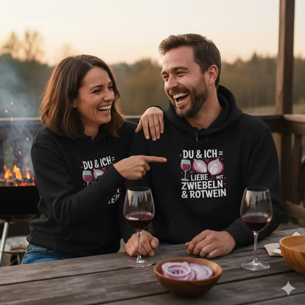 Paar lacht am Grill mit Rotwein; Premium Hoodie „Liebe mit Zwiebeln & Rotwein“, rustikaler Vibe, warme Erdtöne