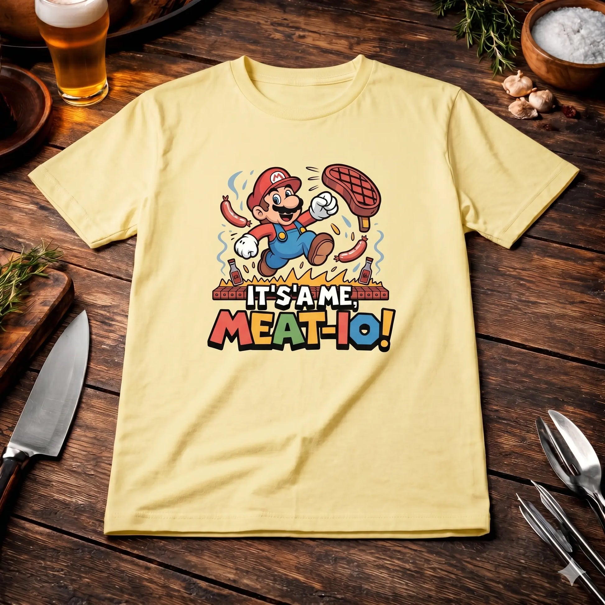 Ein hellgelbes T-Shirt mit einem cartoonartigen Aufdruck von Mario, der über gegrillten Fleischstücken und Hot Dogs springt. Der Text „IT'S A ME, MEAT-IO!“ ist darunter in großen, farbigen Buchstaben zu lesen. Das T-Shirt liegt flach auf einer dunklen Holzoberfläche, umgeben von einem Messer, Gabeln, Grillspießen, einem Glas Bier, frischen Rosmarinzweigen und Schalen mit Knoblauch und Meersalz. Das Bild ist aus der Vogelperspektive aufgenommen.