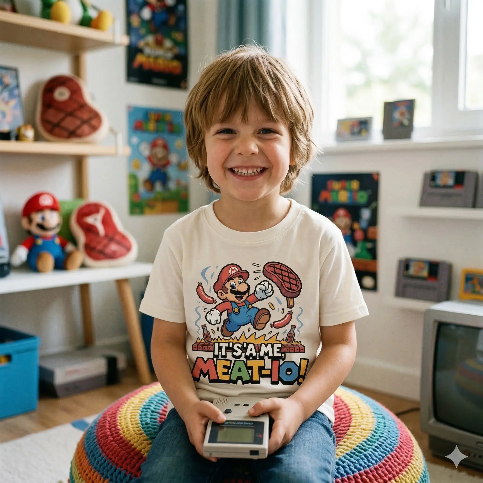 Authentischer Schnappschuss eines Kindes, das ein Mario BBQ-Shirt trägt und schelmisch grinst.