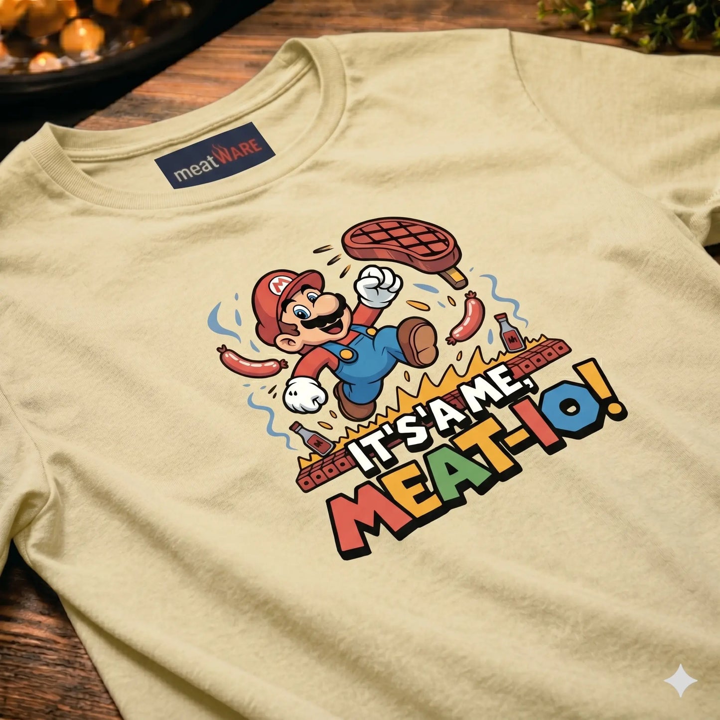 Eine Nahaufnahme eines gefalteten, cremefarbenen T-Shirts, das den Kragen und einen Teil des Brustbereichs zeigt. Das dunkle gewebte Nackenlabel ist deutlich sichtbar und zeigt den Markennamen „meatWARE“ in Orange und Rot. Der gleiche Cartoon-Aufdruck von Mario und gegrilltem Fleisch wie im ersten Bild ist auf der Vorderseite des Shirts zu sehen. Der Stoff hat eine sichtbare Webstruktur. Das T-Shirt liegt auf einem dunklen Holztisch, und im Hintergrund sind unscharf ein Schälchen mit goldenen Kugeln und ein