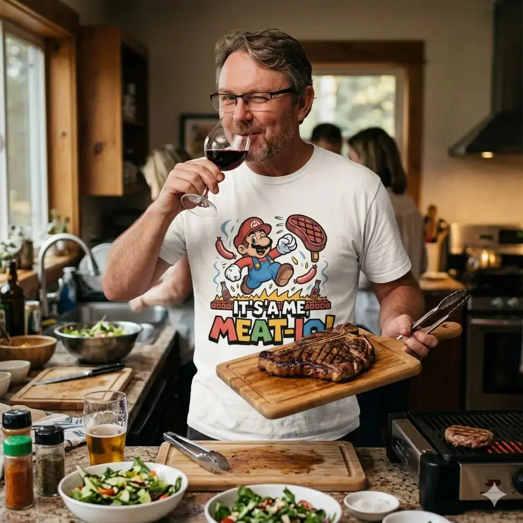 Authentischer Schnappschuss eines Mannes, der ein lustiges Mario BBQ-Shirt trägt, ein Steak hält und Wein trinkt.