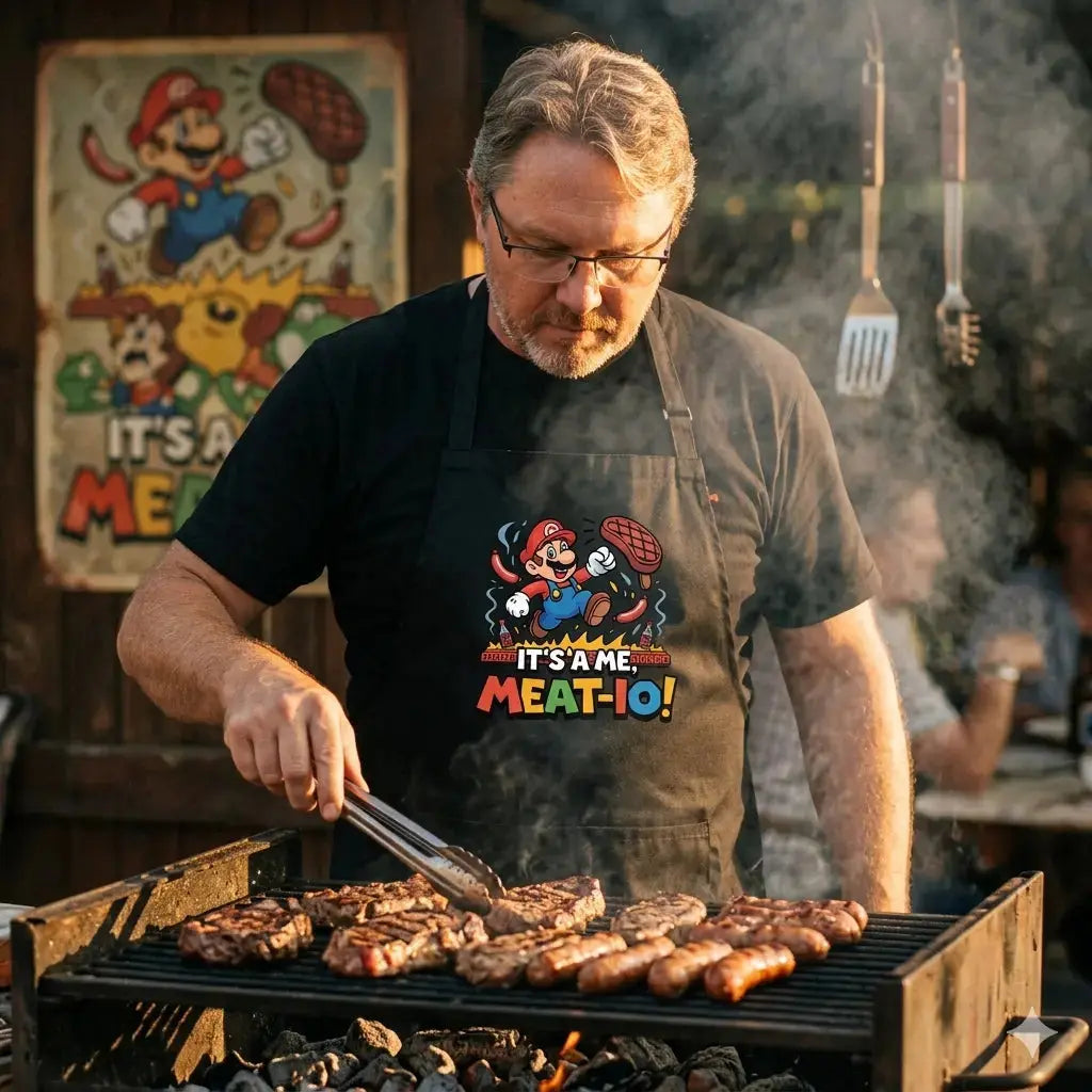 Authentischer Schnappschuss eines Mannes, der ein lustiges Mario Grill-Schürze trägt und ein Steak grillt.