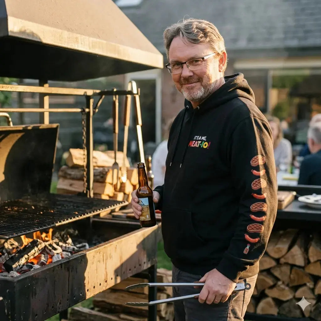 Authentischer Schnappschuss eines Mannes am Grill, der ein Craft Beer hält und das Ärmel-Power-Up-Design zeigt