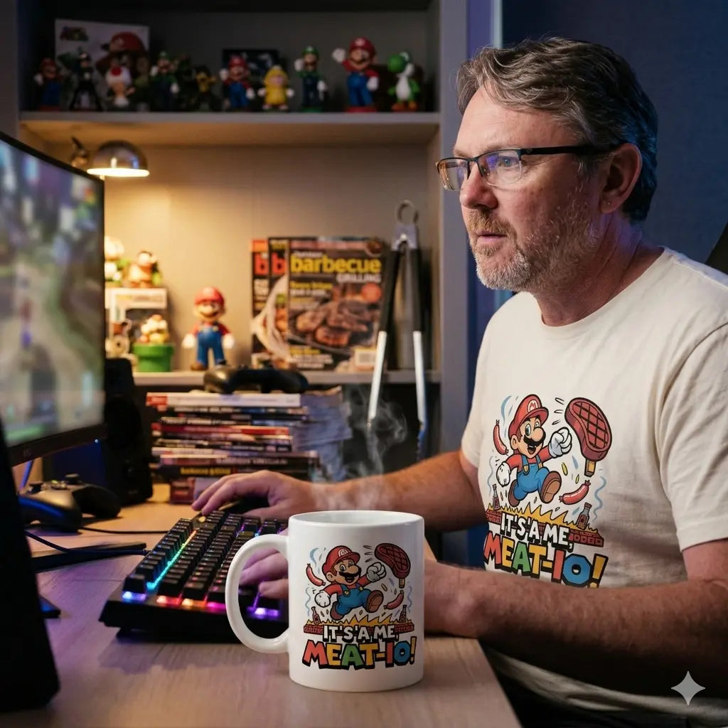 Authentischer Schnappschuss eines Mannes in der Gamer Cave, der ein Mario BBQ-Tasse hält und am PC sitzt.