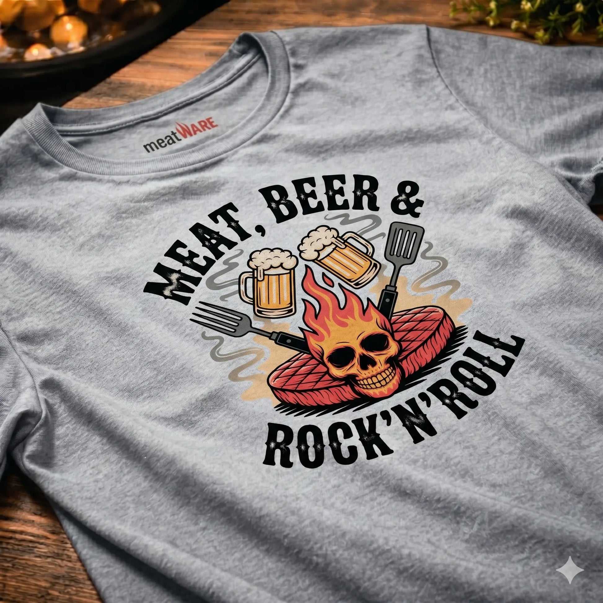 Nahaufnahme eines hellgrau melierten Premium-T-Shirts mit dem „Meat, Beer & Rock'n'Roll“-Design. Das Grafikdesign zeigt einen brennenden Totenkopf auf einem Steak, flankiert von Grillbesteck und zwei Bierkrügen. Das T-Shirt liegt schräg auf einem rustikalen Holztisch mit dem „meatWARE“-Branding im Nackenbereich.