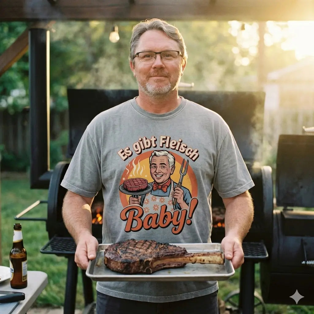Heroischer Grillmeister im oversize grauen T-Shirt mit 'Es gibt Fleisch, Baby!' Slogan, hält Steak-Tablett vor Smoker.