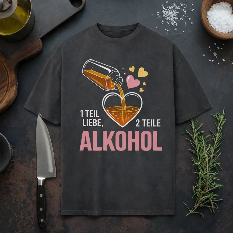 Meatware Heavy Oversized T-Shirt „1 Teil Liebe, 2 Teile Alkohol“ mit Herz- und Alkoholflaschen-Illustration auf dunkelgrauem Shirt, rustikales Küchen-Mockup