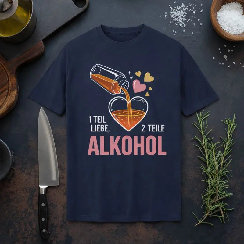 Meatware Premium Bio T-Shirt „1 Teil Liebe, 2 Teile Alkohol“ mit Herz- und Alkoholflaschen-Illustration auf dunkelblauem Shirt, rustikales Küchen-Mockup