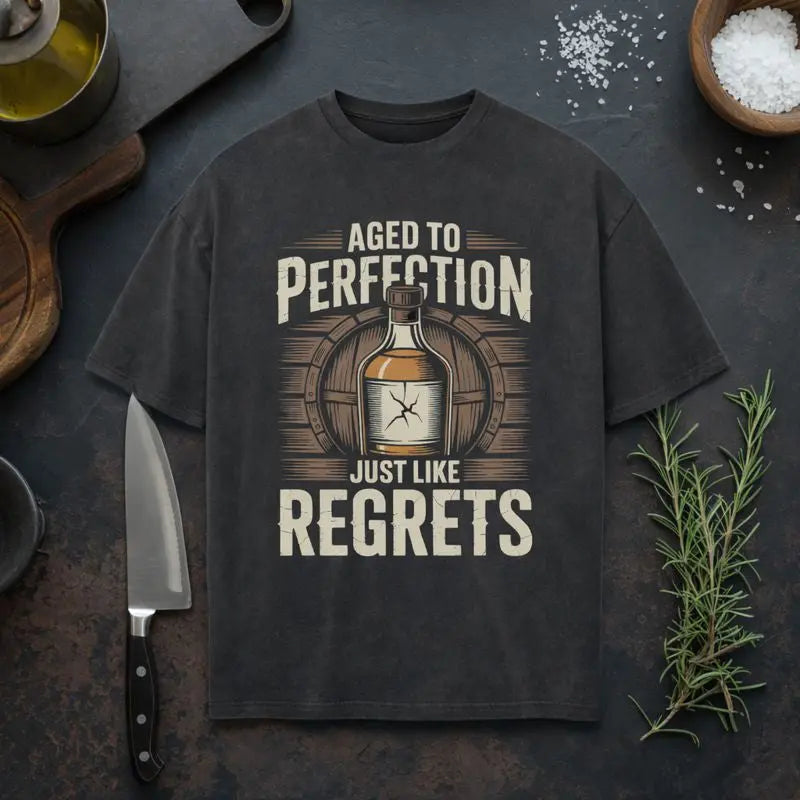 Meatware Heavy Oversized T-Shirt „Aged to Perfection – Just Like Regrets“ mit Whiskeyflaschen-Vintage-Motiv auf schwarzem Shirt, rustikales Küchen-Mockup für Genießer