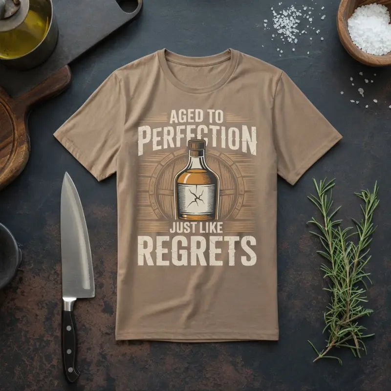 Meatware Premium Bio T-Shirt „Aged to Perfection – Just Like Regrets“ mit Whiskeyflaschen-Vintage-Motiv auf beigem Shirt, rustikales Küchen-Mockup