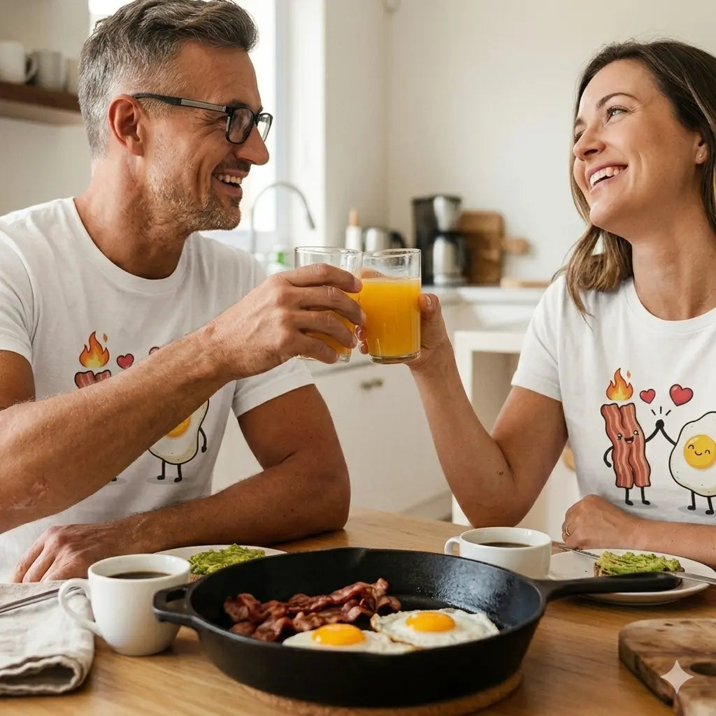 Paar trägt Meatware Bacon & Egg Friends T-Shirts beim gemeinsamen Frühstück.