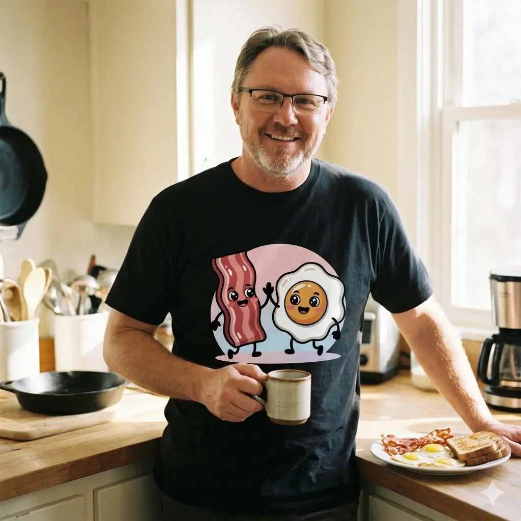 Lässiges Model im Meatware Bacon & Egg Friends Oversized Shirt aus schwerer Baumwolle.