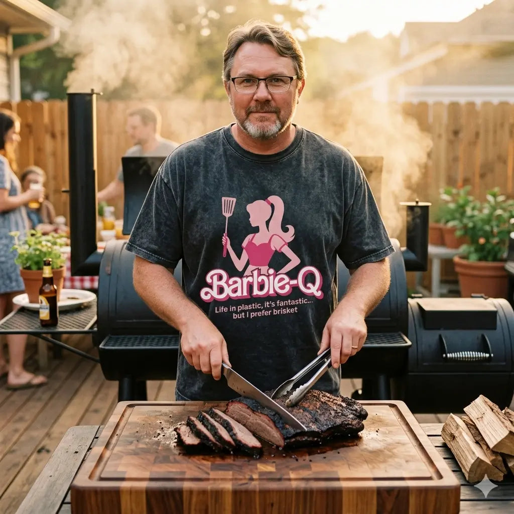 Lässiger Pitmaster im Meatware Barbie-Q Oversized Shirt schneidet Brisket am Smoker an.