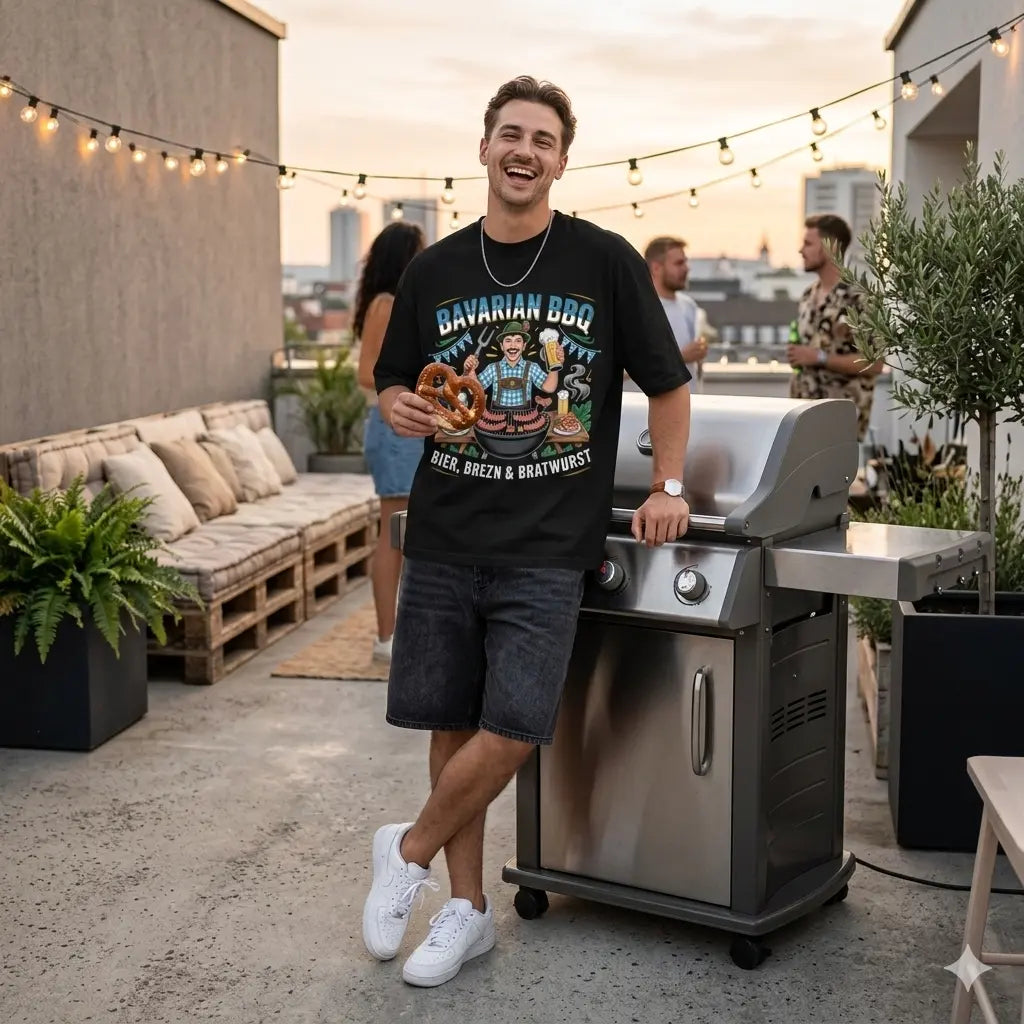 Lässiger Typ im Meatware Bavarian BBQ Oversized Shirt (240 GSM) entspannt am Grill bei einer Gartenparty.