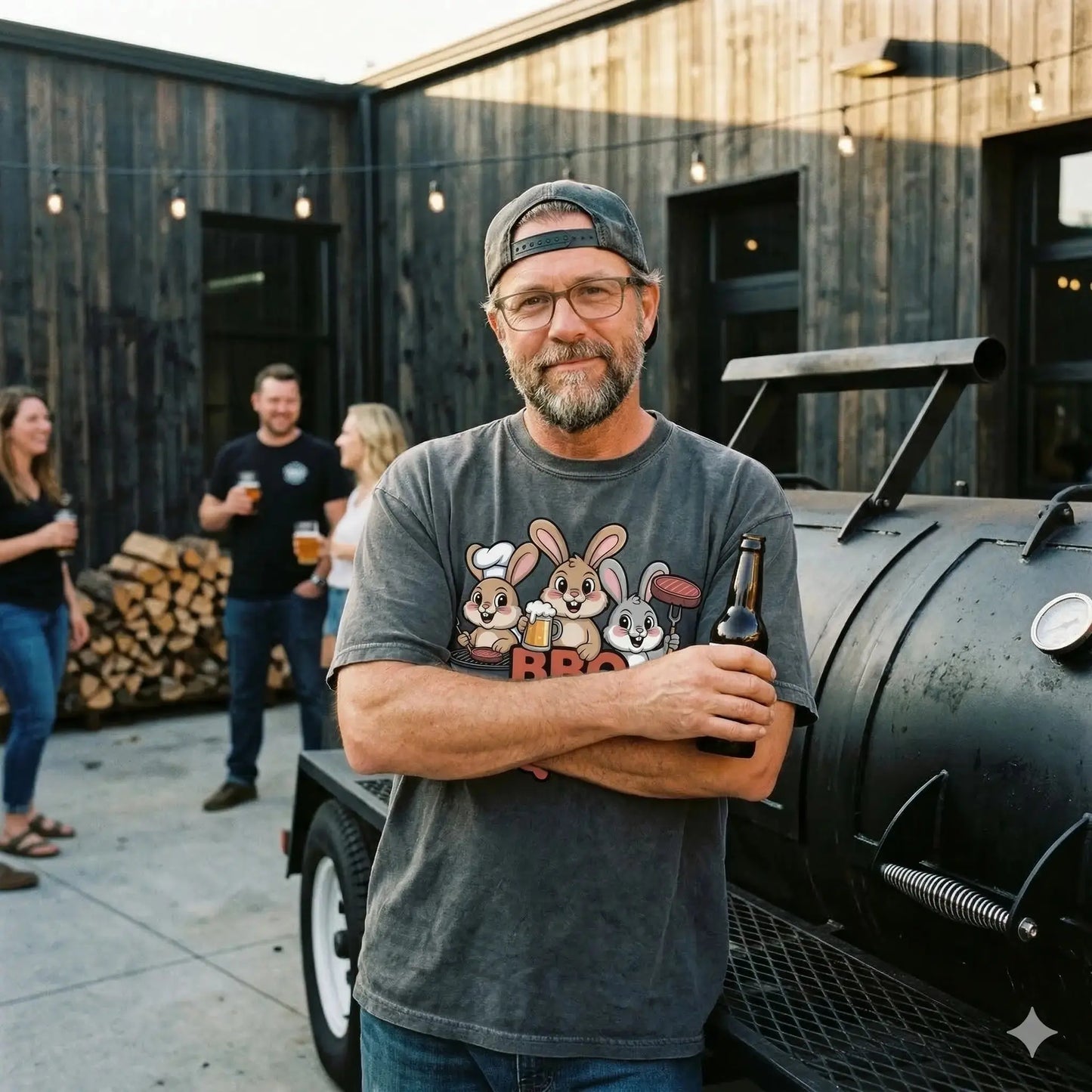 Lässiger Typ im Meatware BBQ Bunny Squad Oversized Shirt vor einem Smoker-Trailer.