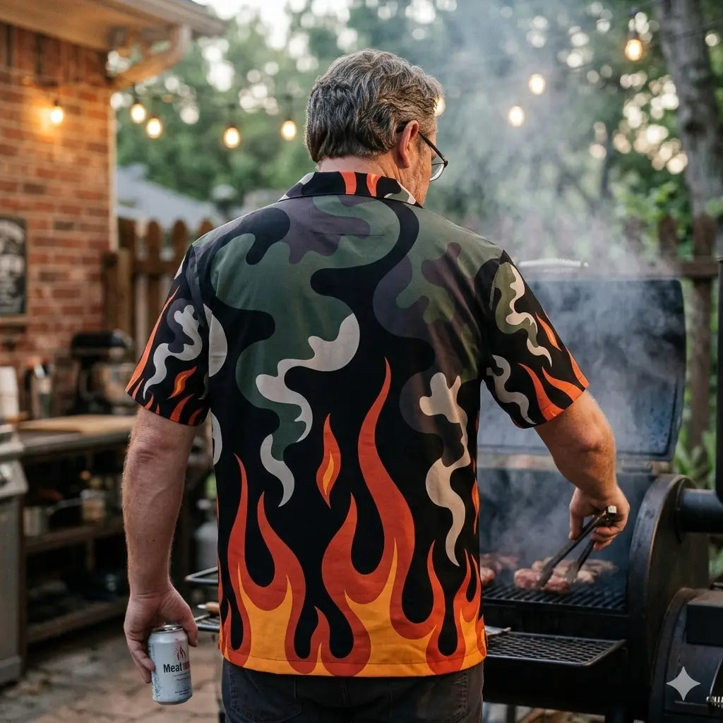 Rückseite des Smoke & Fire Camo Hawaiihemds von Meatware, Allover-Print mit Rauch- und Flammen-Elementen, 140 GSM Polyester