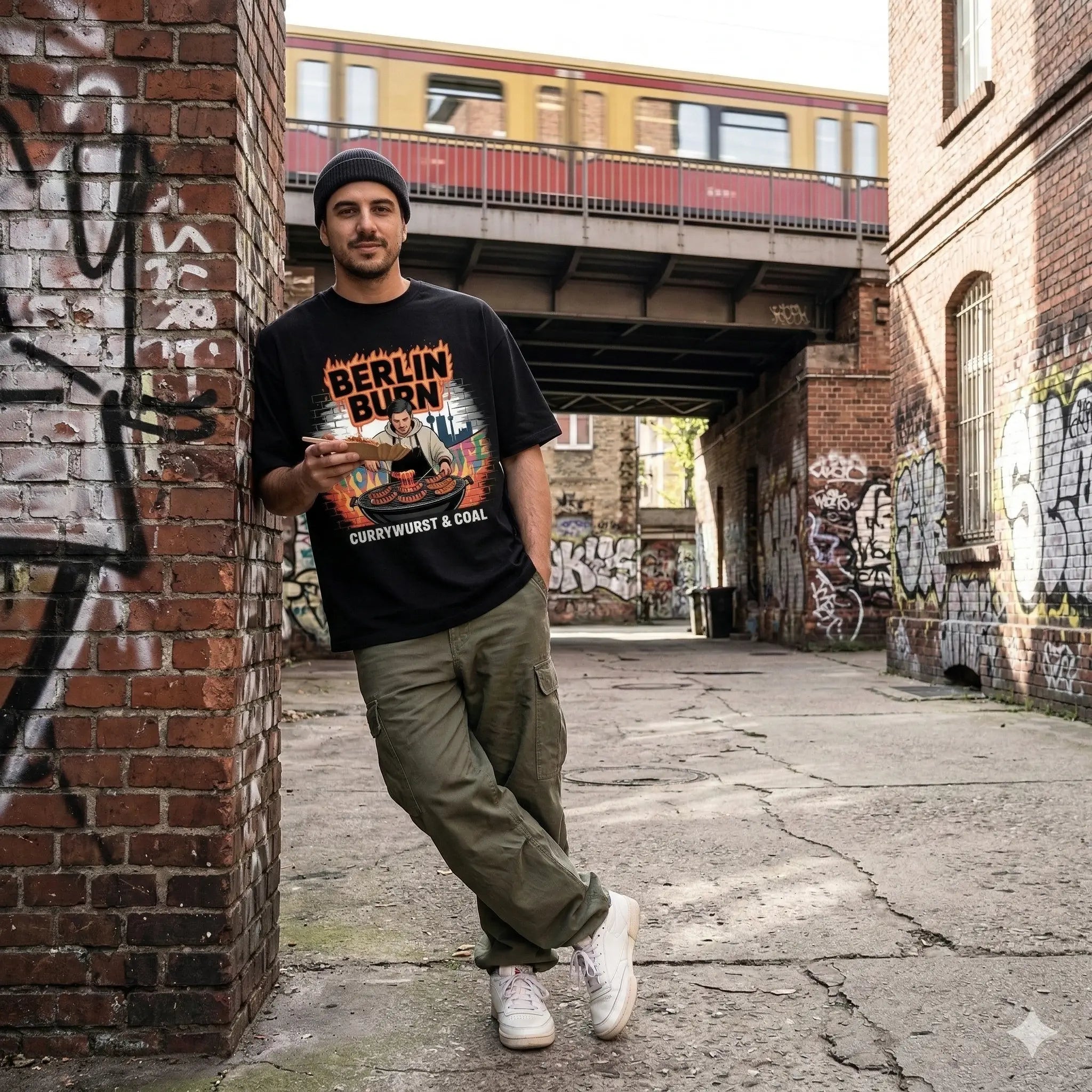 Lässiger Typ im Meatware Berlin Burn Oversized Shirt (240 GSM) im urbanen Kiez-Setting mit Graffiti.