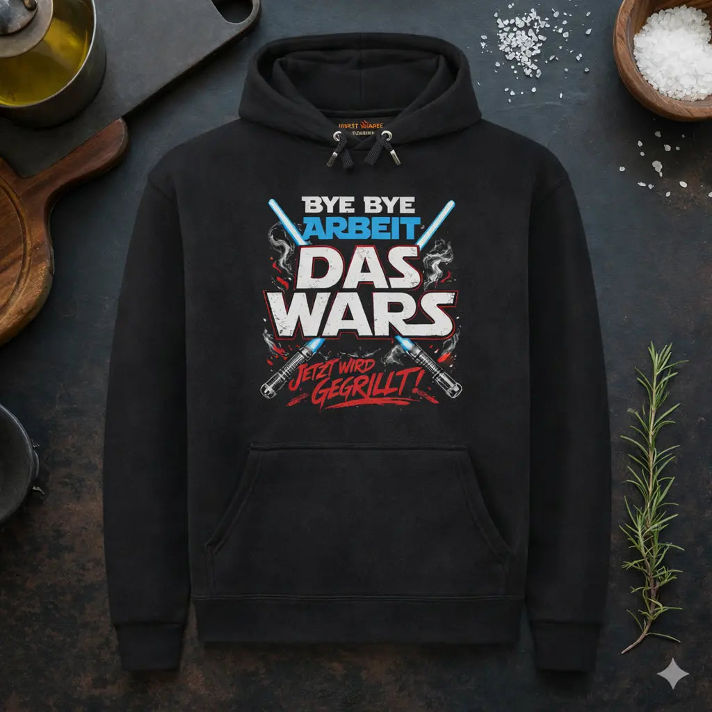 Schwarzer Meatware Premium Hoodie mit Grill Humor Motiv „Bye Bye Arbeit – Das Wars jetzt wird gegrillt“ mit gekreuzten Grill-Lasern im rustikalen Küchen Mockup mit Nackenbranding – Shirts & more mit Geschmack