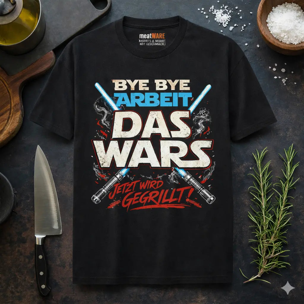Schwarzes Meatware Premium T-Shirt mit Grill Humor Motiv „Bye Bye Arbeit – Das Wars jetzt wird gegrillt“ – lustiges BBQ Shirt mit gekreuzten Grill-Lasern im rustikalen Küchen Mockup