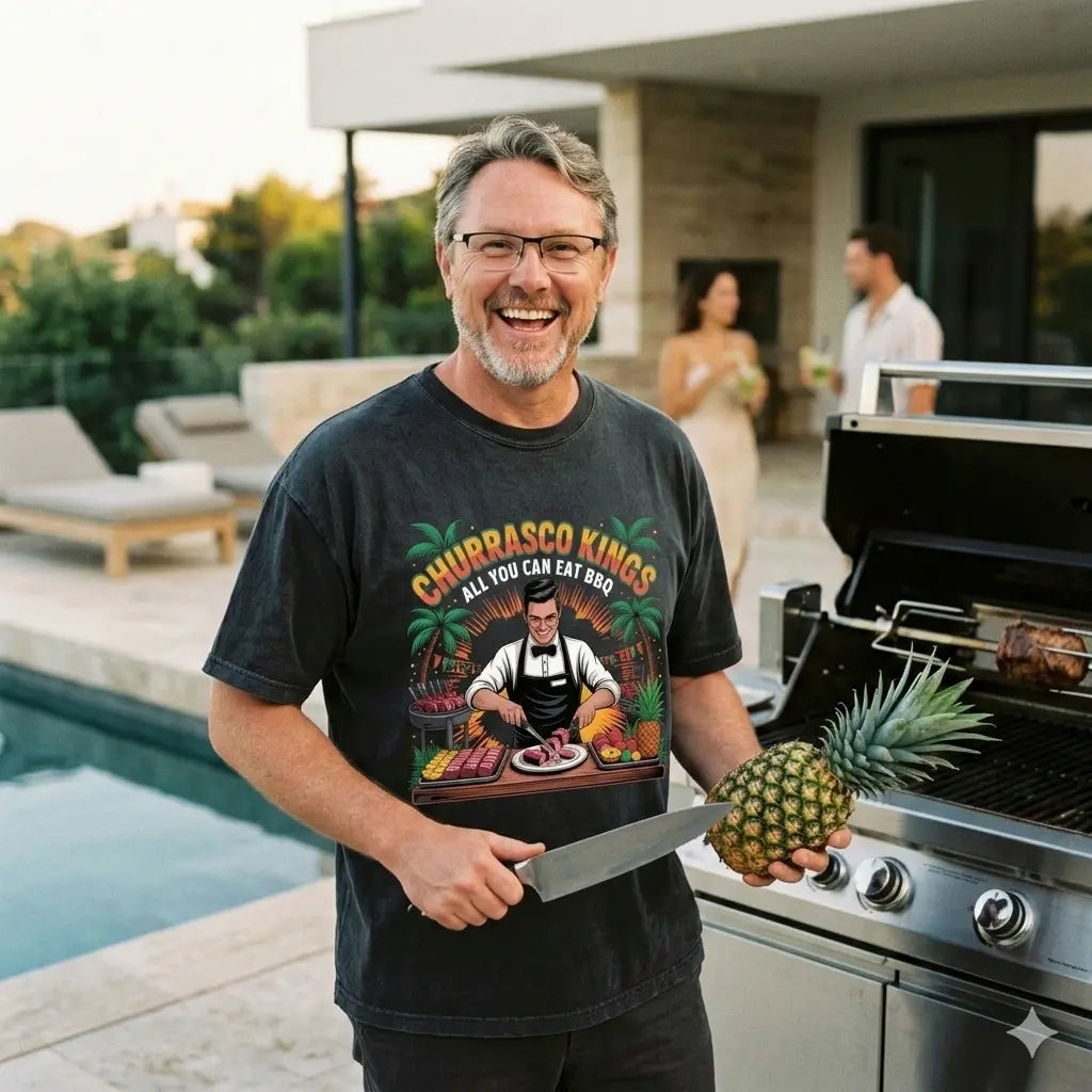 Lässiger Typ im Meatware Churrasco Kings Oversized Shirt (240 GSM) genießt den Sommerabend am Grill