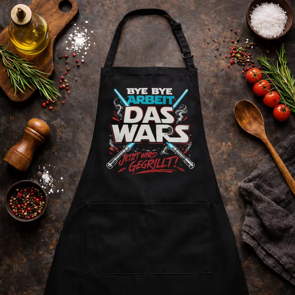 Schwarze Meatware Grillschürze mit BBQ Spruch Das Wars auf rustikalem Grill Flatlay mit Gewürzen, Öl und Kräutern – Shirts & more mit Geschmack