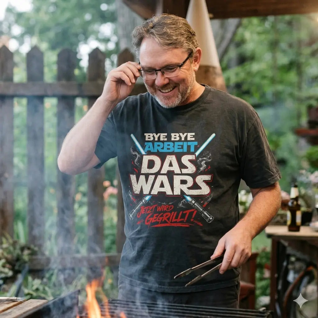 Lässiger Mann im schwarzen Meatware Oversized Shirt „Das Wars – Abschied Grillen“ aus schwerer Baumwolle.