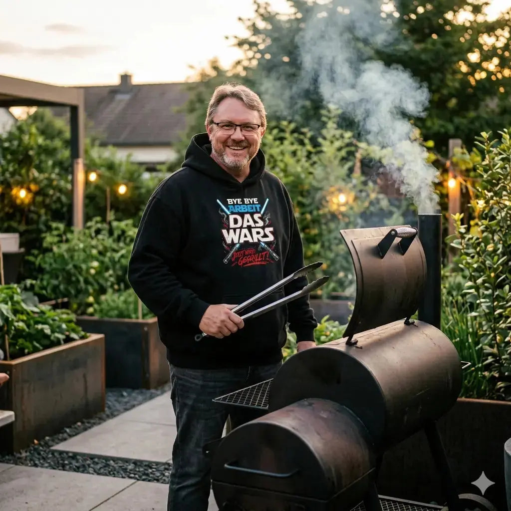 Mann im schweren Meatware Oversized Hoodie „Das Wars – Abschied Grillen“ im Boxy-Style am Smoker.