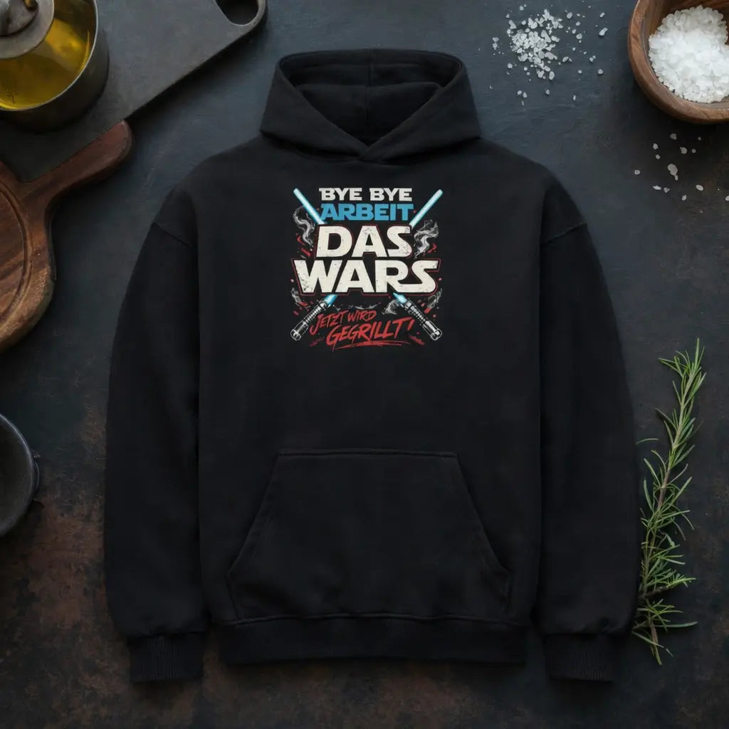 Schwarzer Meatware Oversized Hoodie mit BBQ Spruch Das Wars auf rustikalem Grill Flatlay mit Messer, Kräutern und Gewürzen – Shirts & more mit Geschmack