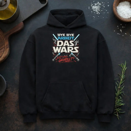 Schwarzer Meatware Oversized Hoodie mit BBQ Spruch Das Wars auf rustikalem Grill Flatlay mit Messer, Kräutern und Gewürzen – Shirts & more mit Geschmack