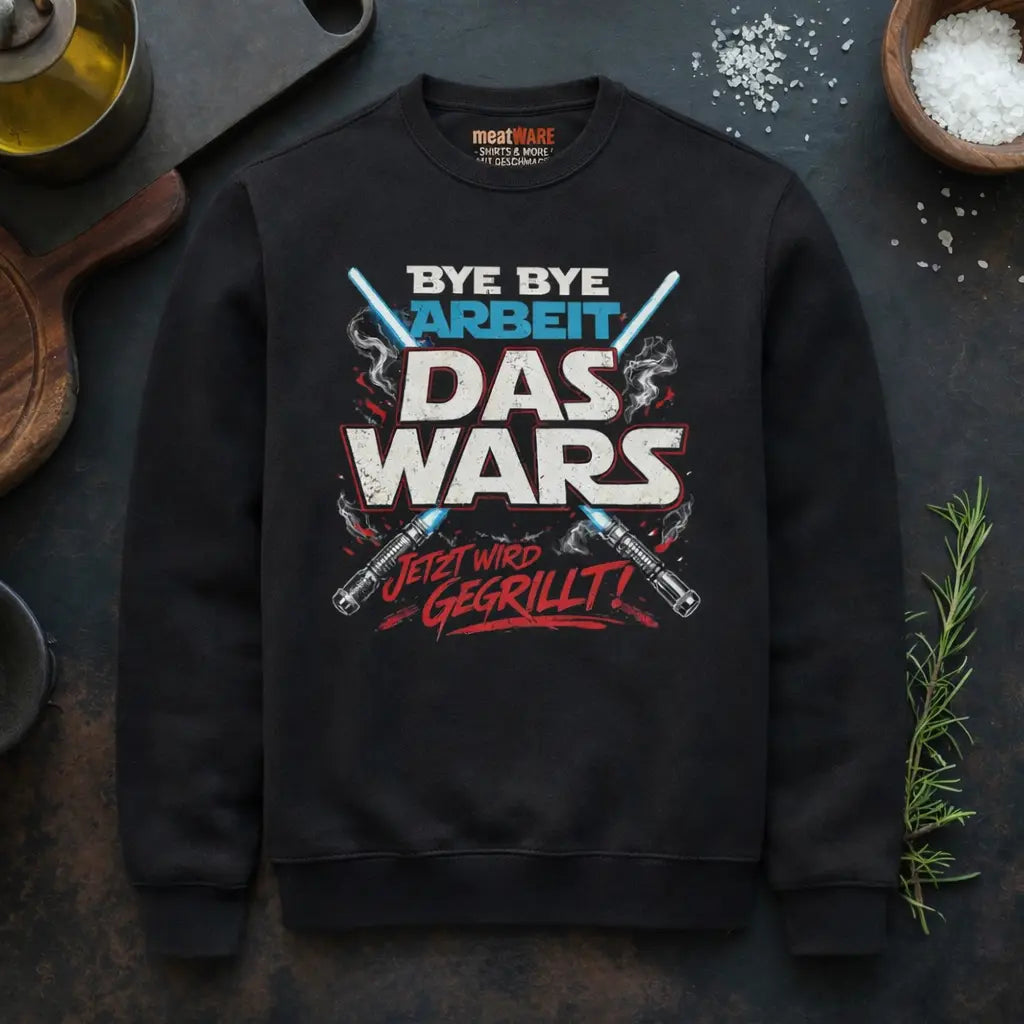 Schwarzes Meatware Premium Sweatshirt mit BBQ Spruch Das Wars auf rustikalem Grill Flatlay mit Messer, Rosmarin und Gewürzen – Shirts & more mit Geschmack