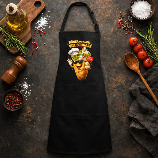 Schwarze Meatware Grillschürze mit lustigem Döner Motiv „Döner mit ganz viel Schaaaf“ – humorvolle BBQ Latzschürze für Grillmeister mit Cartoon Döner und Schaf Illustration