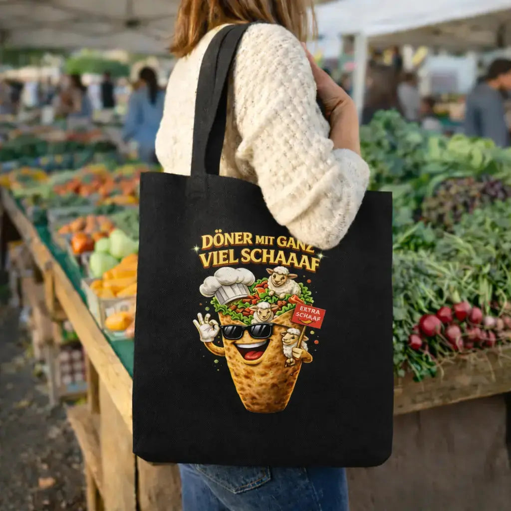 Schwarzer Meatware Jutebeutel mit lustigem Döner Motiv „Döner mit ganz viel Schaaaf“ – humorvolle Baumwolltasche mit Cartoon Döner und Schaf Design auf Wochenmarkt getragen