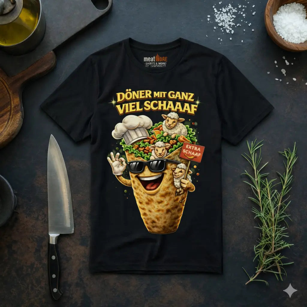 Meatware lustiges Döner T-Shirt „Döner mit ganz viel Schaaaf“ mit Cartoon Döner und Schafen – humorvolles Streetfood Fun Design auf schwarzem Shirt – Shirts & more mit Geschmack