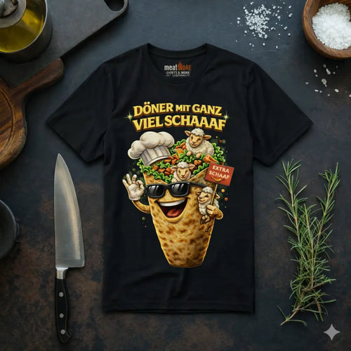 Meatware lustiges Döner T-Shirt „Döner mit ganz viel Schaaaf“ mit Cartoon Döner und Schafen – humorvolles Streetfood Fun Design auf schwarzem Shirt – Shirts & more mit Geschmack